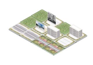 Isometrische Darstellung eines Stadtrasters mit Straßen, Grünflächen, drei Wohnhäusern und zwei Plakatwänden.