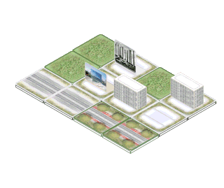 Isometrische Darstellung eines Häuserblocks mit Straßen, Rasenflächen, drei Wohnhäusern und zwei Werbetafeln mit Bildern, angeordnet in einem Raster.