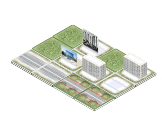 Isometrische Darstellung eines Häuserblocks mit Straßen, Rasenflächen, Wohnhäusern und Werbetafeln, die in einem Gittermuster angeordnet sind.