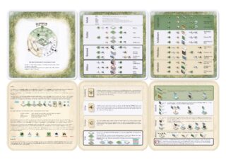 Sechs Spielreferenzkarten für das Brettspiel „Ecoverse“, die den Spielaufbau, die Phasen, Ressourcen, Aktionen, Schlüsselkonzepte und Punkteinformationen in übersichtlichen Tabellen und Diagrammen zeigen.