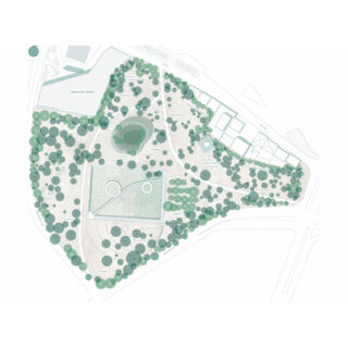 Ein Lageplan mit Wegen, Bäumen und Freiflächen sowie rechteckigen und kreisförmigen Strukturen, an einer Kante mit der Aufschrift „Museum del Teatro“.