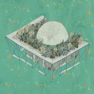 Isometrische Darstellung eines rechteckigen Gebäudes mit Glaswänden, einem Kuppeldach und umgebender Dachbegrünung vor einem türkisfarbenen Hintergrund.