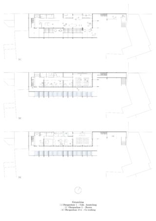 Drei architektonische Grundrisse mit den Bezeichnungen 1 bis 3 zeigen die Aufteilung von Café-, Ausstellungs- und Coworking-Bereichen mit markierten Räumen, Möbeln und Treppenhäusern.