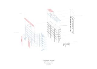 Axonometrisches Diagramm, das die Explosionszeichnung der Strukturkomponenten eines mehrstöckigen Gebäudes zeigt, einschließlich Säulen, Balken, Platten, Fassade und Dachelementen mit deutscher Beschriftung.