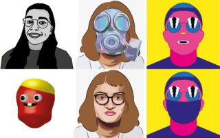 Ein Raster aus sechs digitalen Porträts zeigt stilisierte Gesichter: zwei realistische Frauen, eine davon mit einer Gasmaske; zwei abstrakte rosa Gesichter mit Brille; und eine cartoonhafte rote Figur mit gelbem Oberteil und großen Augen.