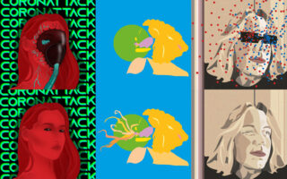 Eine digitale Collage mit vier Tafeln: eine maskierte Frau mit grünem „CORONA ATTACK“-Text, zwei abstrakte Gesichter im Profil und zwei stilisierte Frauenporträts, eines mit roten Punkten und blauer Sonnenbrille.