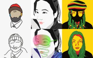 Ein Raster aus sechs stilisierten Porträts, mit zwei abgebildeten Männern mit Hüten auf der linken Seite und vier farbenfroh dargestellten Frauengesichtern, einige mit Accessoires, auf der rechten Seite.