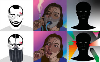 Ein Raster aus sechs digitalen Porträts zeigt stilisierte Gesichter mit abstrakten und surrealen Elementen, darunter geometrische Formen, Rauch und kräftige Farben.