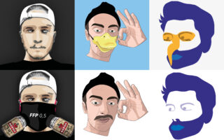 Sechs illustrierte Porträts in zwei Reihen, wobei jede Spalte unterschiedliche Maskenstile zeigt: eine schwarze Maske, einen Entenschnabel und eine stilisierte farbige Maske, mit Variationen zwischen der oberen und unteren Reihe.