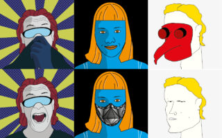 Sechs illustrierte Porträts in zwei Reihen zeigen drei Figuren mit und ohne verschiedene Masken, darunter einen Mann mit Brille, eine blauhäutige Frau und eine Person mit einer roten Pestarztmaske.