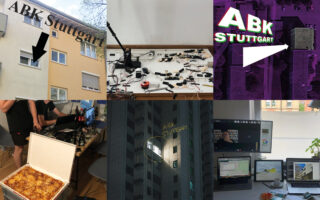 Eine Collage aus sechs Fotos, die „ABK Stuttgart“ auf Gebäuden und digitalen Bildschirmen, Elektronikaufbauten, Menschen mit Pizza und verschiedene technische Geräte in verschiedenen Innenräumen zeigen.