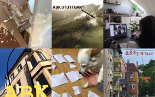 Eine Collage aus sechs Bildern: eine zerbrochene Eistüte, eine Luftaufnahme mit der Aufschrift „ABK STUTTGART“, ein Videoanruf, eine Gebäudeaußenseite, verstreutes Papier mit einem Hund und bunte Wohnhäuser.