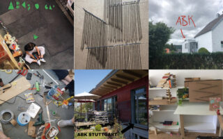 Eine Collage aus sechs Bildern, die Künstlerbedarf, Nägel, eine zeichnende Person, eine Außenszene mit dem Text „ABK“, ein Gebäude mit der Aufschrift „ABK Stuttgart“ und einen Schreibtisch mit Bastelmaterialien zeigen.