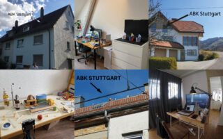 Eine Collage aus sechs Bildern zeigt Wohnhäuser, Innenarbeitsplätze mit Schreibtischen und Computern sowie auf drei der Fotos die Aufschrift „ABK Stuttgart“.
