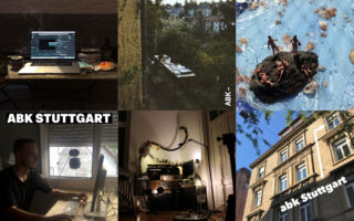 Eine Collage aus sechs Fotos: Laptops auf Schreibtischen, Wäsche im Freien, Miniaturfiguren auf Felsen, ein Mann am Computer, Studioausrüstung und ein Gebäude mit der Aufschrift „ABK Stuttgart“.