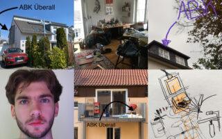 Eine Collage aus sechs Bildern, die ein Haus, ein unordentliches Zimmer, Graffiti an einem Gebäude, das Gesicht eines jungen Mannes, einen Balkon mit einem Schild mit der Aufschrift „ABK Überall“ und eine handgezeichnete Skizze zeigen.