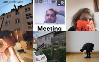 Eine Collage mit der Überschrift „ABK STUTTGART“ zeigt Menschen in virtuellen und physischen Besprechungssituationen, darunter Videoanrufe, sitzende oder stehende Personen sowie Außenaufnahmen von Gebäuden und Autos.