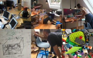 Collage, die Menschen zeigt, die an kreativen Projekten arbeiten, darunter Zeichnen, Modellbau, Zusammensetzen von LEGO-Teilen und die Verwendung von Computern in einem überfüllten Raum.