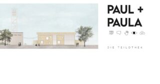 Architektonische Darstellung eines modernen Gebäudes mit der Aufschrift „PAUL + PAULA“ mit Bäumen, Menschen und minimalistischem Design; Text und Symbole erscheinen auf der rechten Seite.