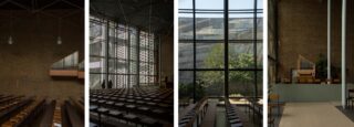 Vier Ansichten des Innenraums einer modernen Kirche zeigen Backsteinmauern, große Fenster, Reihen von Kirchenbänken und sichtbare Orgelpfeifen, beleuchtet durch natürliches Tageslicht.