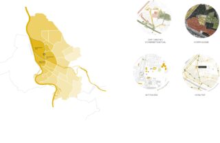 Links ist ein gelb hervorgehobener Stadtbezirksplan zu sehen, rechts sind vier Kreisdiagramme mit deutschen Beschriftungen und Straßenverläufen dargestellt.