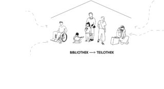 Strichzeichnung von fünf Personen mit unterschiedlichem Hintergrund und unterschiedlichen Fähigkeiten unter einer Dachkontur, darunter der Text „Bibliothek ---> Teilothek“.