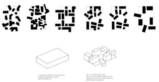 Diagramm, das eine Entwicklung von dichten, monolithischen Gebäudeformen zu fragmentierten Volumen zeigt und das Konzept der Aufteilung einer festen Masse in kleinere, verstreute Elemente veranschaulicht.