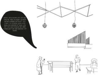 Strichzeichnungen von Menschen in einer kirchlichen Umgebung mit modernen Lampen und Orgelpfeifen; eine Person hält ein Telefon, eine andere steht und eine Sprechblase enthält einen deutschen Text über die Kirche.