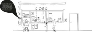 Strichzeichnung eines Kiosks mit drei Personen: eine sitzt, eine bedient drinnen und ein Kind greift nach der Theke. Deutscher Text erscheint auf der linken Bildseite.
