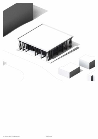 Axonometrische Darstellung eines modernen, rechteckigen Gebäudes mit Flachdach und skulpturalen Säulen, umgeben von minimalistischen Blockstrukturen und offenem Raum.