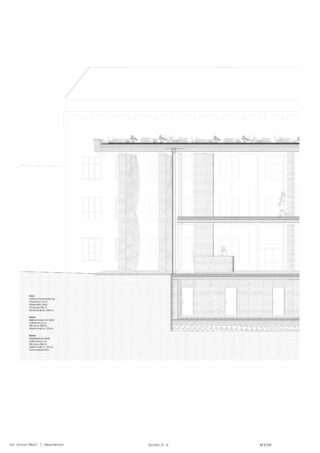 Architektonische Schnittzeichnung, die ein mehrstöckiges Gebäude mit Strukturdetails, Bodenplatten, Fundament und kommentierten Materialschichten zeigt; mit Maßstab und Legende unten.