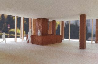 Architekturmodell eines Gebäudeinneren mit Ziegelpfeilern, einem zentralen Empfangstresen und mehreren weißen menschlichen Figuren. Große Fenster geben den Blick auf die grüne Umgebung frei.