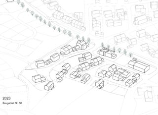 Schwarz-weiße Strichzeichnung eines Wohnbebauungsplans mit Häusern, Straßen und Bäumen mit der Aufschrift „2023 Baugebiet Nr. 50“ in der unteren linken Ecke.