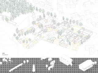 Axonometrischer Lageplan mit gruppierten Gebäudegrundrissen, Wegen, Bäumen und einer Aufrissansicht unten mit Strukturen und Spielgeräten.