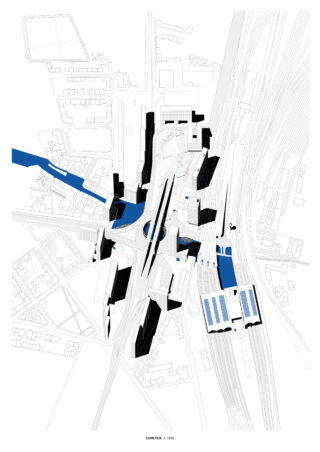 Luftbild eines architektonischen Lageplans mit schwarzen Bausteinen und blau hervorgehobenen Bereichen, der die umliegenden Straßen, Gleise und die Stadtplanung zeigt.