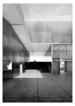 Moderner architektonischer Raum mit geometrischen Linien, Glaswänden, offener Decke und einer zentralen Treppe, die zu einer oberen Ebene führt, wo in der Ferne drei Personen sitzen.