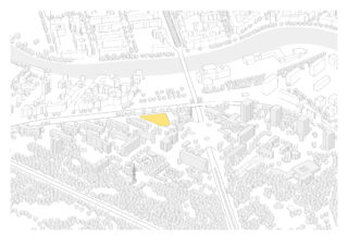 Axonometrische Karte eines Stadtgebiets mit Gebäuden und Straßen; nahe der Mitte ist zwischen verschiedenen Strukturen und Grünflächen ein dreieckiger gelber Bereich hervorgehoben.