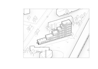 Axonometrische Zeichnung eines mehrstöckigen, stufenförmigen Gebäudes, umgeben von Bäumen und nahegelegenen Gebäuden, mit maßstabsgetreu dargestellten kleinen menschlichen Figuren.