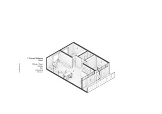 Isometrischer Grundriss einer 3-Zimmer-Wohnung mit Wohn-/Esszimmer, Küche, Bad, Schlafzimmer und zwei beschrifteten Zimmern, mit einer Liste der Zimmernamen und -nummern in deutscher Sprache.