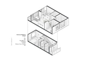 Isometrischer Grundriss einer Vierzimmerwohnung, 105 qm, mit beschrifteten Räumen wie Flur, WC, Abstellraum, Schlafzimmer, Wohn-/Ess-/Küchenbereich und Bad.