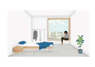 Minimalistisches Schlafzimmer mit einem Bett, einem Nachttisch, einem Kleiderständer, einer Topfpflanze und einer Person, die an einem großen Fenster mit Blick auf eine Stadtlandschaft sitzt.