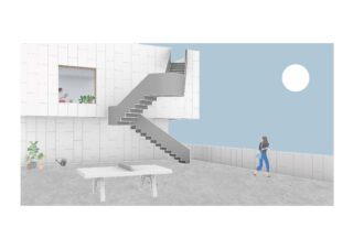 Eine Frau geht auf einer Dachterrasse mit einem Tisch und Pflanzen spazieren; eine Treppe führt unter einem klaren Himmel und sichtbarer Sonne in das obere Stockwerk eines weißen, modernen Gebäudes.