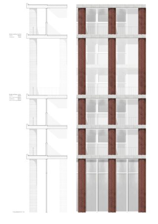 Architekturzeichnung, die eine Gebäudefassade mit großen Fenstern und Säulen aus rotem Backstein zeigt, neben detaillierten Schnittansichten der Wandkonstruktion auf der linken Seite.