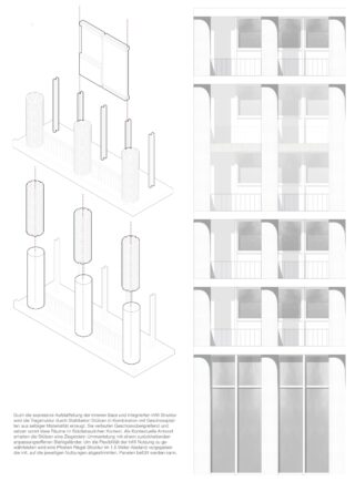 Architekturdiagramm, das links die Anordnung der Säulen und Paneele und rechts die aufeinanderfolgenden Fassadenansichten zeigt, mit deutschem Beschreibungstext unten.