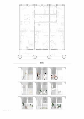 Architekturdiagramm, das oben einen Grundriss und unten eine Frontansicht eines mehrstöckigen Gebäudes mit Balkonen, Pflanzen und Menschen bei ihren täglichen Aktivitäten zeigt.