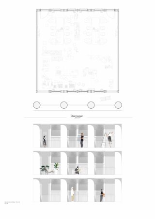 Architekturzeichnung, die oben einen Grundriss und darunter vier Ebenen eines Gebäudeteils zeigt, mit Menschen, die in offenen Fluren und Räumen interagieren, einige davon mit Pflanzen und Möbeln.