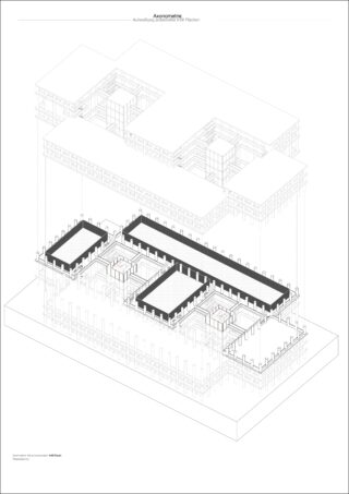 Axonometrische Architekturzeichnung einer mehrstöckigen Gebäudestruktur, in der bestimmte Stockwerke schwarz hervorgehoben und verschiedene Strukturelemente umrissen sind.