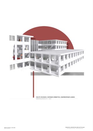 Eine moderne Architekturdarstellung eines mehrstöckigen Gebäudes mit offenen Korridoren, verschiedenen Figuren im Inneren und geometrischen roten Formen im Hintergrund. Unter der Struktur ist deutscher Text sichtbar.