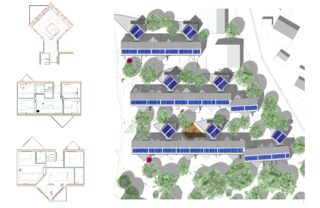 Architekturplan mit den Grundrissen eines Gebäudes auf der linken Seite und einem Lageplan mit mehreren Gebäuden, Bäumen und Solarmodulen auf den Dächern auf der rechten Seite.