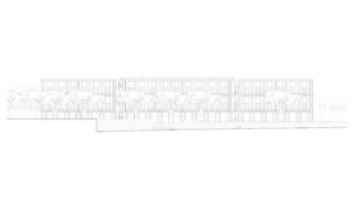 Architektonische Aufrisszeichnung eines dreistöckigen Gebäudes mit großen Fenstern, Bäumen davor und einem geradlinigen, minimalistischen Design.